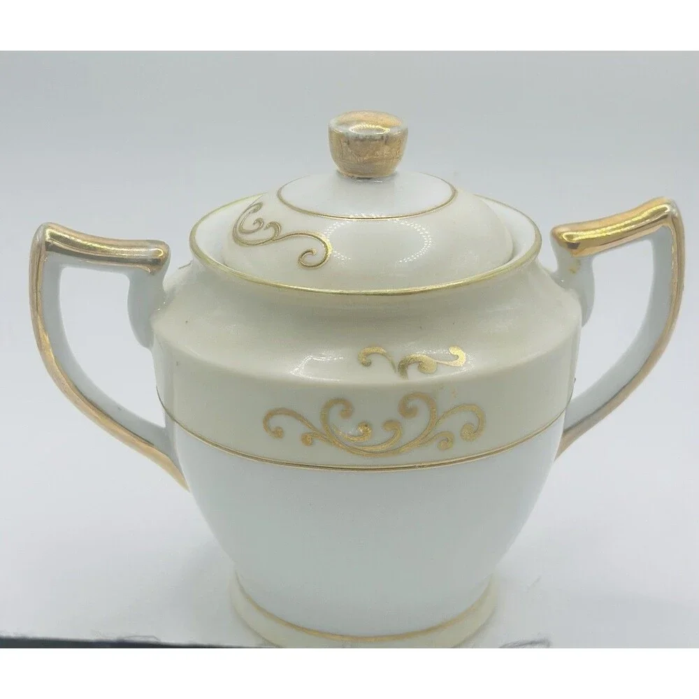 Vintage HANO Painted Japan Covered Sugar Bowl Gold Scroll Handles